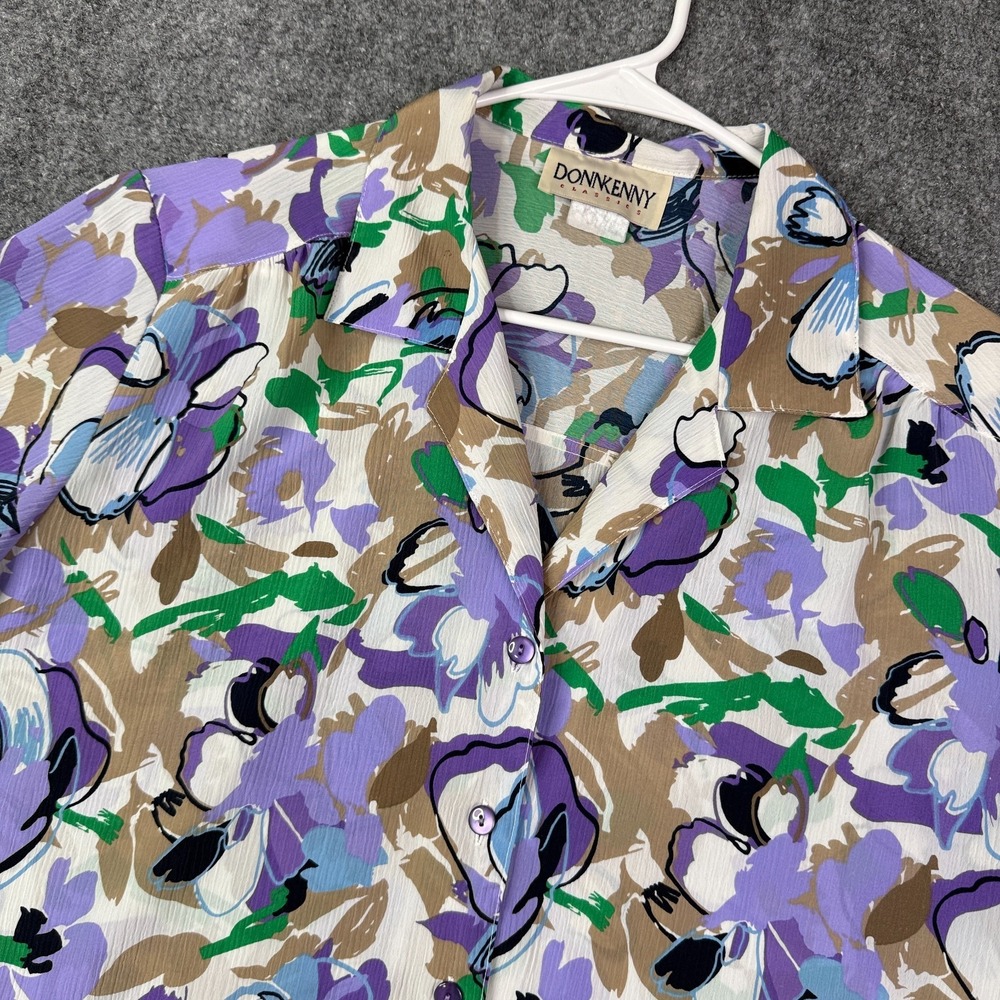 Donnkenny Womens Floral Camp Shirt 2XL Purple Button Up Blouse Vintage 90s